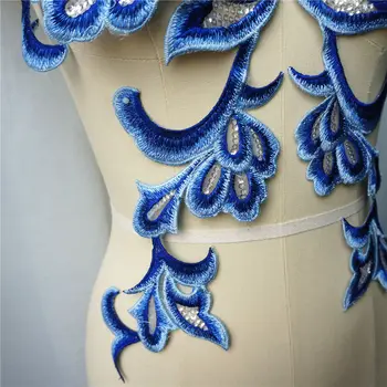 1 Set 4PCS Mėlynos Siuvinėti Appliques China Nėrinių Audinio Baroko stiliaus Suknelė Apykaklės Siūti Lopai Vestuvių Apdailos Suknelė 