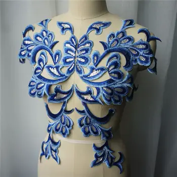 1 Set 4PCS Mėlynos Siuvinėti Appliques China Nėrinių Audinio Baroko stiliaus Suknelė Apykaklės Siūti Lopai Vestuvių Apdailos Suknelė 