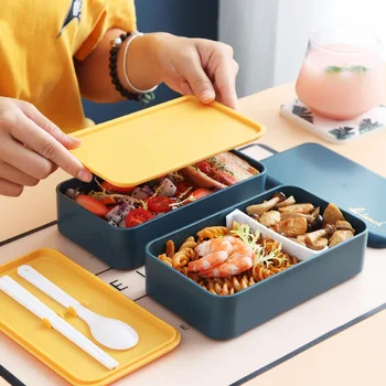 1200ml Dukart Sluoksnių Priešpiečių Dėžutė Su Šaukštu Mados Nešiojamų Mikrobangų Bento Box Sveikas Plastikinių Maisto Saugojimo Konteineris Lunchbox