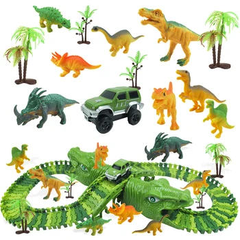 153Pcs Naujas Cool Dinozaurų Rasės Bėgių Kelių, Geležinkelio Stebuklinga Lenktynių Trasoje Nustatyti Žaislas Lenkimo Lankstus Diecast Transporto priemonės, Žaislai vaikams