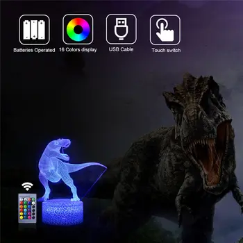 16 Spalvų Dinozaurų LED 3D Naktį Žibintai Animacinių filmų Mados Nuotolinio Valdymo Lentelės, Stalo Lempos Vaikams Kalėdų, Gimtadienio Dovana Kūdikio Žaislas