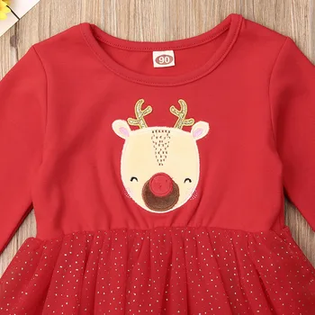 18M-4Y Kalėdų Baby Girl Raudona Suknelė Bamblys Kūdikis, Kūdikis, Vaikas, Mergaitė Elnias Long Sleeve Lace Tutu Suknelė Princesė Kalėdos vaikiški Drabužiai