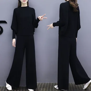 2 dalių komplektas women2019 rudenį naujų mados moterų šikšnosparnių rankovėmis megztiniai pločio kojų kelnės kostiumas moterų prarasti didelio dydžio dvi-lizdinė