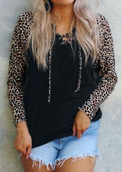 2018 M. Rudens Mados Moterų Palaidinė Ilgomis Rankovėmis Leopardas Spausdinti Sujungimas Nėrinių Palaidinė Femme Viršūnes Atsitiktinis Ponios Marškinėliai Prarasti Blusa