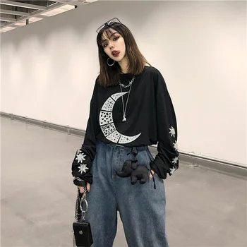 2019 Nauja Mada Moterims T-shirt Harajuku Retro Sun Moon Spausdinami O-kaklo Prarasti Viršuje Tees Streetwear Tamsiai Gotikos, T-marškinėliai, Unisex