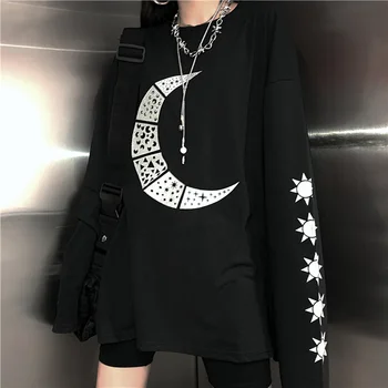 2019 Nauja Mada Moterims T-shirt Harajuku Retro Sun Moon Spausdinami O-kaklo Prarasti Viršuje Tees Streetwear Tamsiai Gotikos, T-marškinėliai, Unisex