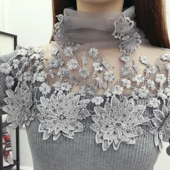 2019 korėjos Mados žiemos drabužių Naujas Slim Golfo Megztų Gėlių Nėrinių Suknelė Marškinėliai Atvartas džemperis Moterims, Moteriška Audiniu mergina