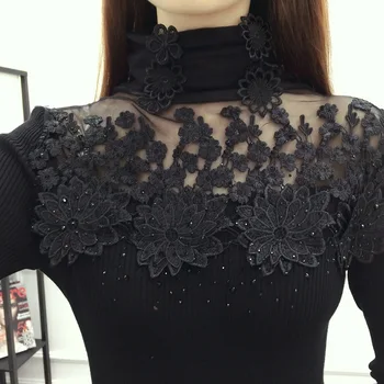 2019 korėjos Mados žiemos drabužių Naujas Slim Golfo Megztų Gėlių Nėrinių Suknelė Marškinėliai Atvartas džemperis Moterims, Moteriška Audiniu mergina