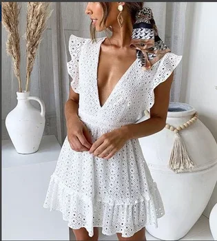 2019 moterys vasarą Elegantiški medvilniniai siuvinėjimo suknelė Vintage seksualus v-kaklo šalis mini suknelė Susiėmę aukšto juosmens korėjos balta suknelė
