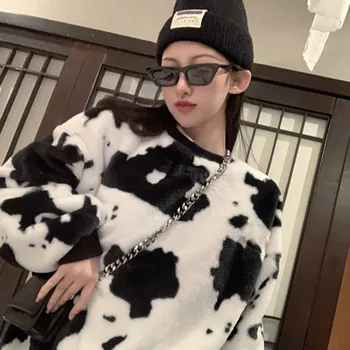 2020 M. Žiemos Atsitiktinis Korėjos Naujas Dizainas, Spausdinimo Karvė Pliušinis Asmenybės Šiltas Harajuku Stiliaus Palaidinukė Moterų Em*