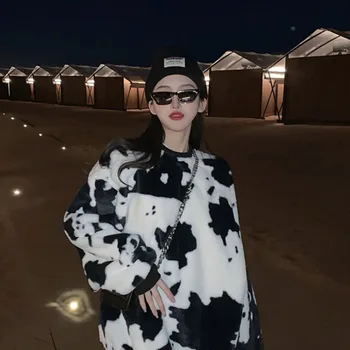 2020 M. Žiemos Atsitiktinis Korėjos Naujas Dizainas, Spausdinimo Karvė Pliušinis Asmenybės Šiltas Harajuku Stiliaus Palaidinukė Moterų Em*