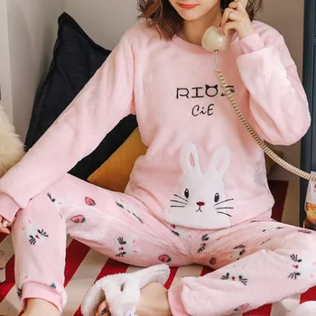 2020 M. Žiemos Pižama Moterų Korėjos Sleepwear Mielas Animacinių Filmų Flanelė Pižama Nustatyti Aksomo Šiltas Pijama Apvalios Kaklo Pyjama Homewear Moterims