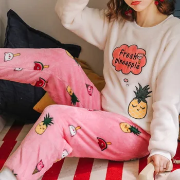 2020 M. Žiemos Pižama Moterų Korėjos Sleepwear Mielas Animacinių Filmų Flanelė Pižama Nustatyti Aksomo Šiltas Pijama Apvalios Kaklo Pyjama Homewear Moterims