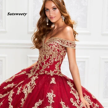 2020 Pyszny Raudoni Quinceanera Suknelės Su Aukso Appliqued Blizgančiais Nėrinių Kamuolys Suknelė Promenadzie Suknelė Vestido De Festa Saldus 16 Suknelė