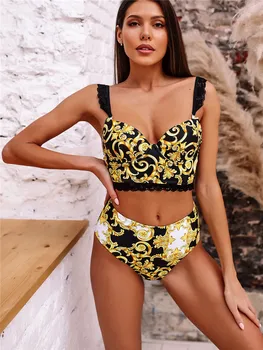 2020 Spausdinti Nėrinių Dviejų dalių maudymosi kostiumėlį Moterų Aukšto Juosmens Bikini maudymosi Kostiumėliai, Maudymosi Kostiumą Plaukimo Kostiumas Moterims Brazilijos Bikini