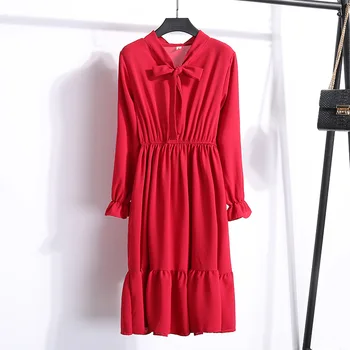 2020 Suknelė Office Polka Dot Vintage Suknelė Moterims Atsitiktinis Raudona Gėlių Rudenį Marškinėliai Šifono Midi Suknelė vestidos drabužiai