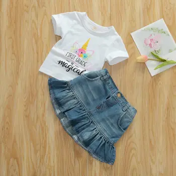 2020 Sweet Baby Girl trumpomis Rankovėmis Viršūnes T-shirt Pynimas Džinsinio audinio Sijonas Vasaros Drabužių 2vnt 1-6T