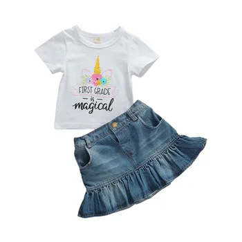 2020 Sweet Baby Girl trumpomis Rankovėmis Viršūnes T-shirt Pynimas Džinsinio audinio Sijonas Vasaros Drabužių 2vnt 1-6T