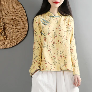 2020 klasikinis kinų moterų medvilnės, lino palaidinė ilgomis rankovėmis marškinėliai tradicinis rankų darbo mygtuką gėlių spausdinti viršūnes tang aprangos