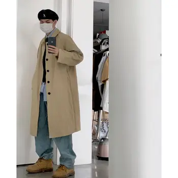 2020 korėjos Stiliaus vyriški Prarasti Chaki/juoda Spalvos Švarkelis Mados Tendencija Ilgos Tranšėjos Paltai Aukštos kokybės Paltas Striukes S-XL