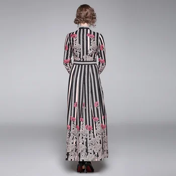 2020 m. Pavasario Tako Maxi Suknelė Moterų ilgomis Rankovėmis Lankas Dryžuotas Apykaklės Gėlių Spausdinti Derliaus Ilga Suknelė Moterų Imperijos Tendencija Suknelė