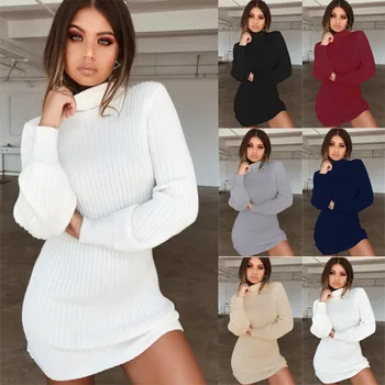 2020 m. Rudens Ir Žiemos vientisos Spalvos Moterų Sexy Aukštas Kaklas Plonas Megztinis ilgomis Rankovėmis Reguliariai Sleeve Sweater Dress Šviežias Ir Saldus