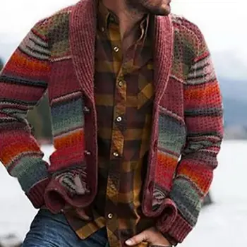 2020 m. Rudenį Kailis Vyrų Dryžuotas Spausdinti ilgomis rankovėmis Megztinis Džemperis Vyrams Derliaus Paltai Mados Atsitiktinis Palaidų Outwear Striukės