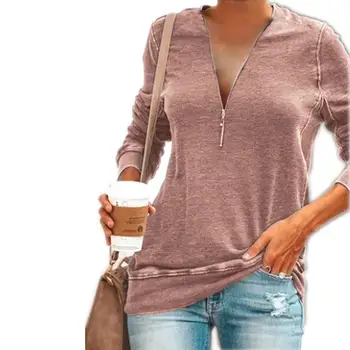 2020 m. Rudenį Moterys Naujas Viršūnes Atsitiktinis Užtrauktukas V-Kaklo, ilgomis Rankovėmis marškinėliai Prarasti Negabaritinių Street Wear Pilka mėlyna žalia Tees 5xl