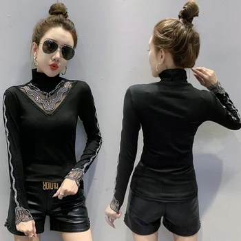 2020 m. Rudenį Moterys T-Shirt Mados Atsitiktinis ilgomis Rankovėmis Golfo Tuščiaviduriai iš Viršūnės Sexy Black Diamond Akių palaidinukės ir marškiniai