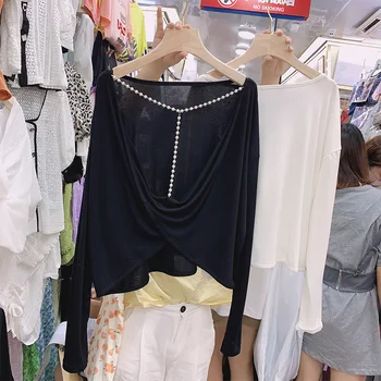 2020 m. Rudenį Naujų korėjos Prarasti ilgomis Rankovėmis marškinėliai Palaidinė Moterų Sexy Pearl Backless Plonas Saulės Viršaus į Mados Moterų Marškiniai