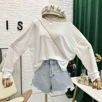 2020 m. Rudenį Naujų korėjos Prarasti ilgomis Rankovėmis marškinėliai Palaidinė Moterų Sexy Pearl Backless Plonas Saulės Viršaus į Mados Moterų Marškiniai
