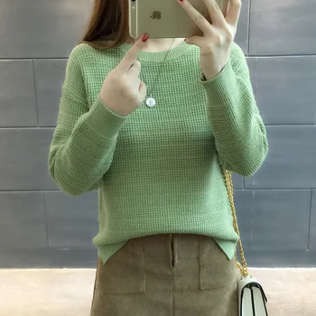 2020 m. rudens ir žiemos naujas korėjiečių moterų atkarpoje megztinis prarasti plonos vientisos spalvos apvali kaklo megztinis bakstelėję