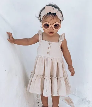 2020 metų Vasaros Baby Girl vientisos Spalvos Aikštėje Apykaklės, Rankovių Suknelė Bamblys Saldus Platus Pynimas Hemline Suknelės 1-5T Vaikiška Apranga