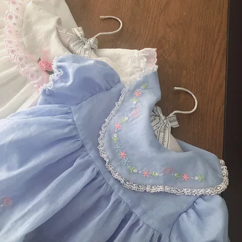 2020 metų Vasaros naujokų merginos Vtg Mėlynos Medvilnės Suknelė, Siuvinėta Suknelė Lotus Lapų Apykaklės Lėlės Suknelė, Vaikams, Suknelės Mergaitėms