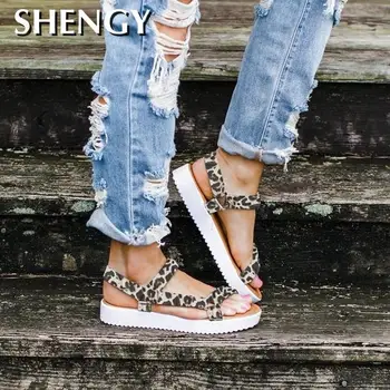 2020 naujas moterų sandalai vasarą storio apačioje sandalai hook&loop bateliai plokščiu dugnu ponios batai leopard print plus size sandalas