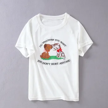 2021 Moterų Spausdinti Laiškas Gražių Šunų Ir Kačių Siuvinėtos Aksomo Tee Balto Aksomo Trumpas Rankovės marškinėliai Apvalios Kaklo marškinėliai