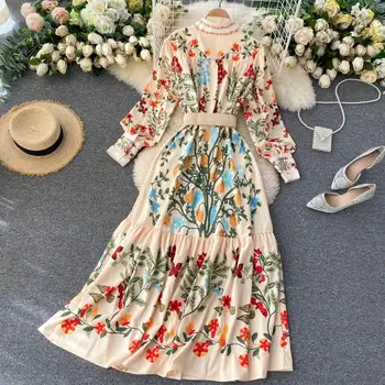2021 Naujas Derlius Pavasarį, Rudenį Spausdinti Suknelė Moterims Stovėti Apykaklės Sluoksniuotos Rankovėmis kilimo ir tūpimo Tako Maxi Suknelės Gėlių Streetwear Vestidos