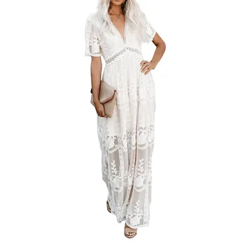 2021 Vasaros Boho Moterų Maxi Suknelė Prarasti Balta Siuvinėjimo Nėrinių ilgai Tunika Paplūdimio Suknelė Atostogų Atostogų Moterų Drabužiai