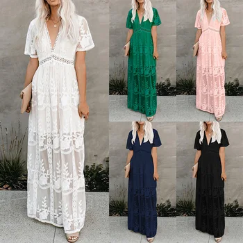 2021 Vasaros Boho Moterų Maxi Suknelė Prarasti Balta Siuvinėjimo Nėrinių ilgai Tunika Paplūdimio Suknelė Atostogų Atostogų Moterų Drabužiai