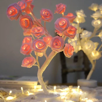 24LED Balta Rausva Rožė Gėlių Lovos, Miegamojo Naktį Šviesos Stalo Lempa Namų Dekoro Modeliavimas Eglutė Kalėdų Vestuves