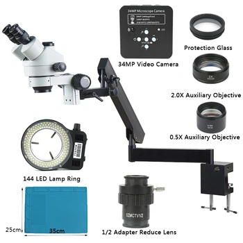 3.5 X-90X Išsakant Rankos Ramstis, Apkabos, Zoom Simul Židinio Trinokulinis Stereo Mikroskopas + 34MP Vaizdo Kamera, Skirta Pramonės PCB