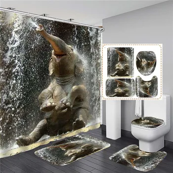 3D Juoda Dramblys Spausdinti Dušo Užuolaidos Nustatyti Maudyklos Vandeniui Ekrano Flanelė Tualeto Dangčio Padengti Virtuvės Kilimėlis Vonios kambarys Kilimas Kilimas