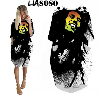 3D Spausdinimo Mados Bob Marley Juokingi Marškinėliai Kostiumas Harajuku Reggae Viršuje Moterų Anime Suknelė Logotipas Moters Drabužius ilgomis rankovėmis Suknelė A58