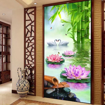 3D Tapetai, Bambuko Lotus Kraštovaizdžio Kinų Stiliaus Nuotrauka Sienų Freskomis Kambarį Viešbutyje Įėjimo Koridorius Fone Sienos Dokumentų 3 D