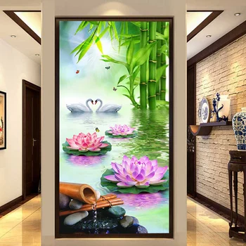 3D Tapetai, Bambuko Lotus Kraštovaizdžio Kinų Stiliaus Nuotrauka Sienų Freskomis Kambarį Viešbutyje Įėjimo Koridorius Fone Sienos Dokumentų 3 D