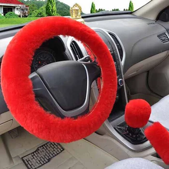 3Pcs/set Žiemos raudona minkštas šiltas pliušinis automobilio vairo dangtelis rankinis stabdis apima