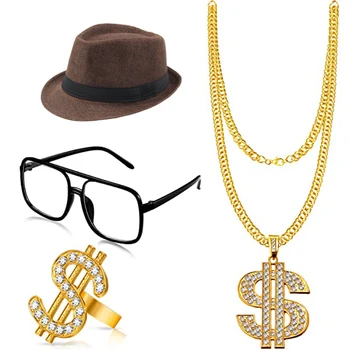 4 Gabalus Hip-Hop Kostiumas Juoda Balta Skrybėlę, akinius Dolerio Ženklas Aukso Grandinės Žiedas Hip-Hop 80s/90s Reperis Priedai Helovinas Šalis