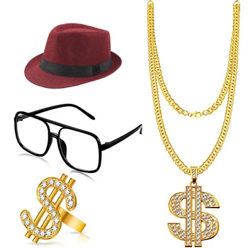 4 Gabalus Hip-Hop Kostiumas Juoda Balta Skrybėlę, akinius Dolerio Ženklas Aukso Grandinės Žiedas Hip-Hop 80s/90s Reperis Priedai Helovinas Šalis