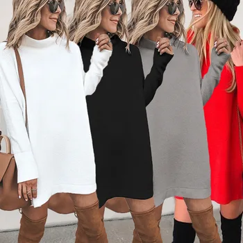 4-spalva karšto pardavimo rudens ir žiemos 2019 madingas plonas apvalios kaklo, ilgomis rankovėmis moterų mezgimo suknelė 100261