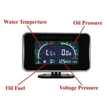 4in1 LCD Automobilį Skaitmeninis Manometras 12-24V Naftos Įtampos Slėgio Kuro Vandens Temp Matuoklis Alyvos Slėgio Matuoklis M10 Auto atsarginės Dalys